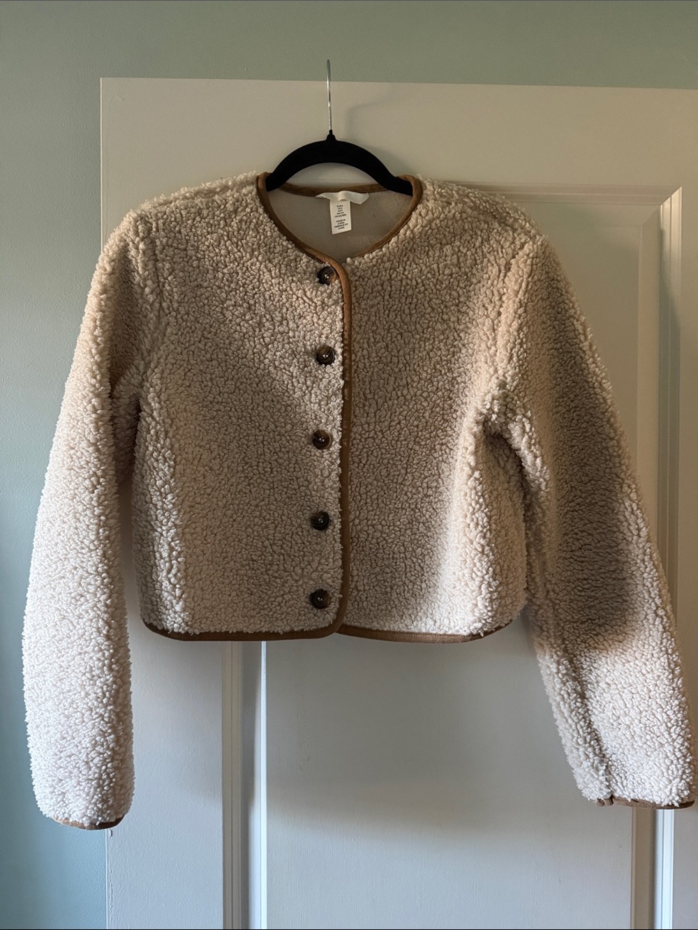 Sherpa Button-Front Jacket in Cream with Tan Trim